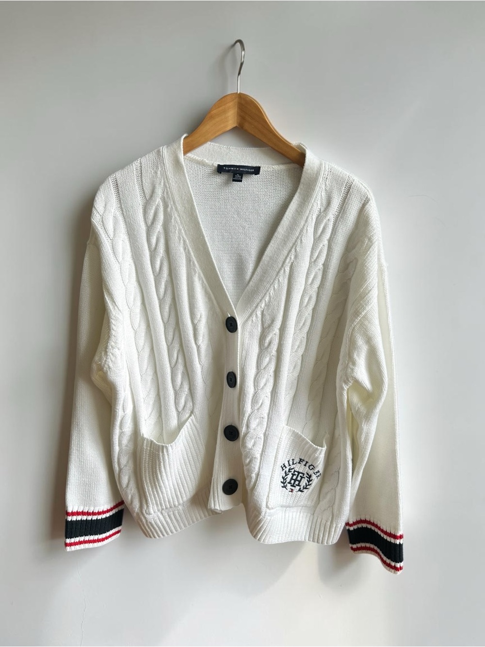 Tommy Hilfiger Womens XL Cable Knit Cardigan White Varsity Crest Preppy